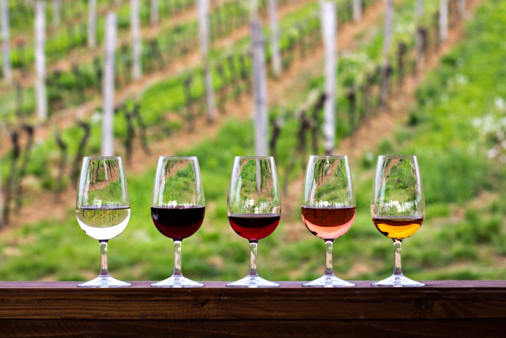 Várias taças com diversos tipos de vinho como branco, tinto, rose e suas variações como Malbec, Cabernet e outros